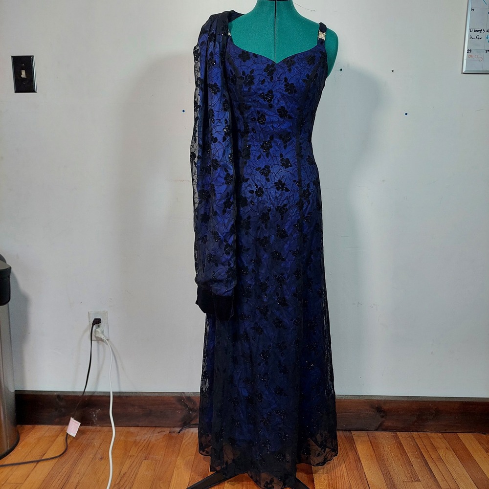 Betsy & Adam Vintage Blue Black Floral Mesh Glitter Gown Dress with Shawl Size 4